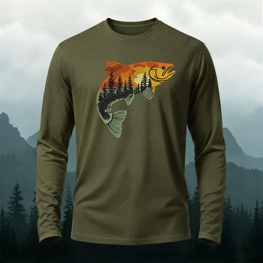 Forest Fish Illustrated Pattern Print Casual Long-Sleeve Cotton Tee