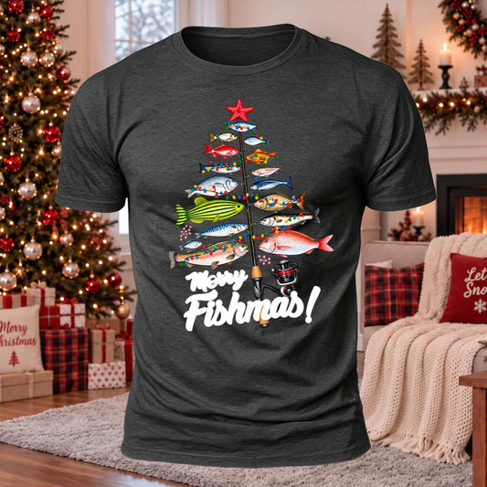 Colorful Fishmas Tree Printed Casual Short Sleeve T-Shirt