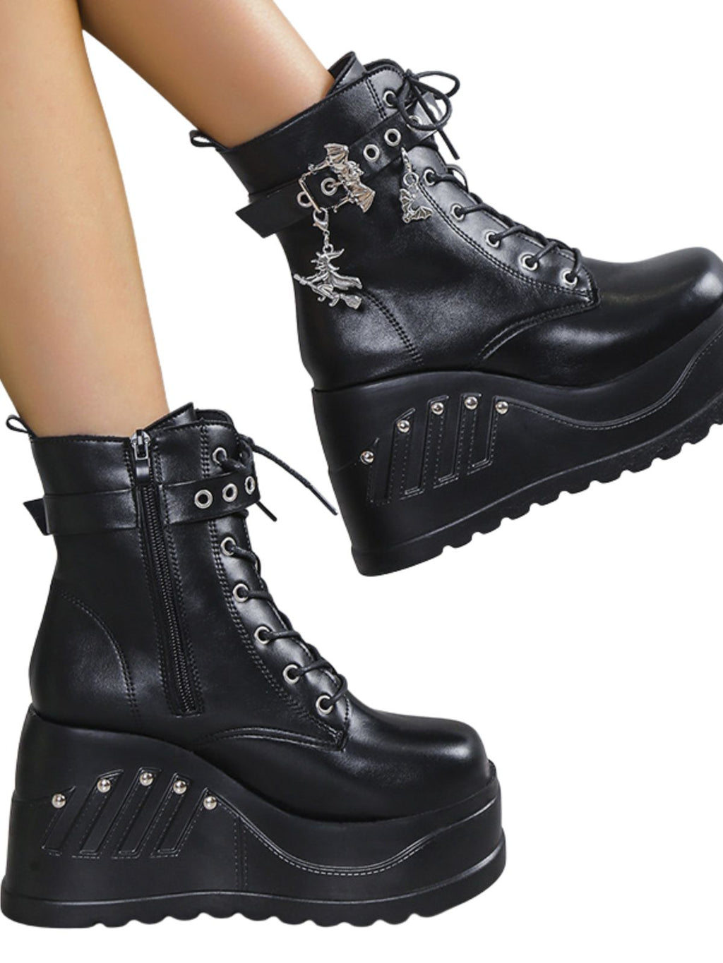 Dark Gothic Studded Wedge Platform Boots