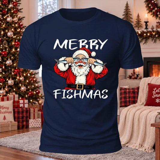 Merry Fishmas Santa Printed Casual Short Sleeve T-Shirt