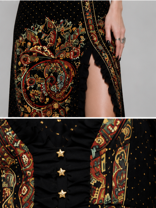 Dark Bohemian Gothic Printed Split-Front Dress
