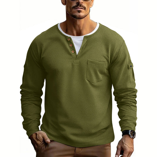 Waffle Faux-Layered Pocket Long Sleeve T-Shirt
