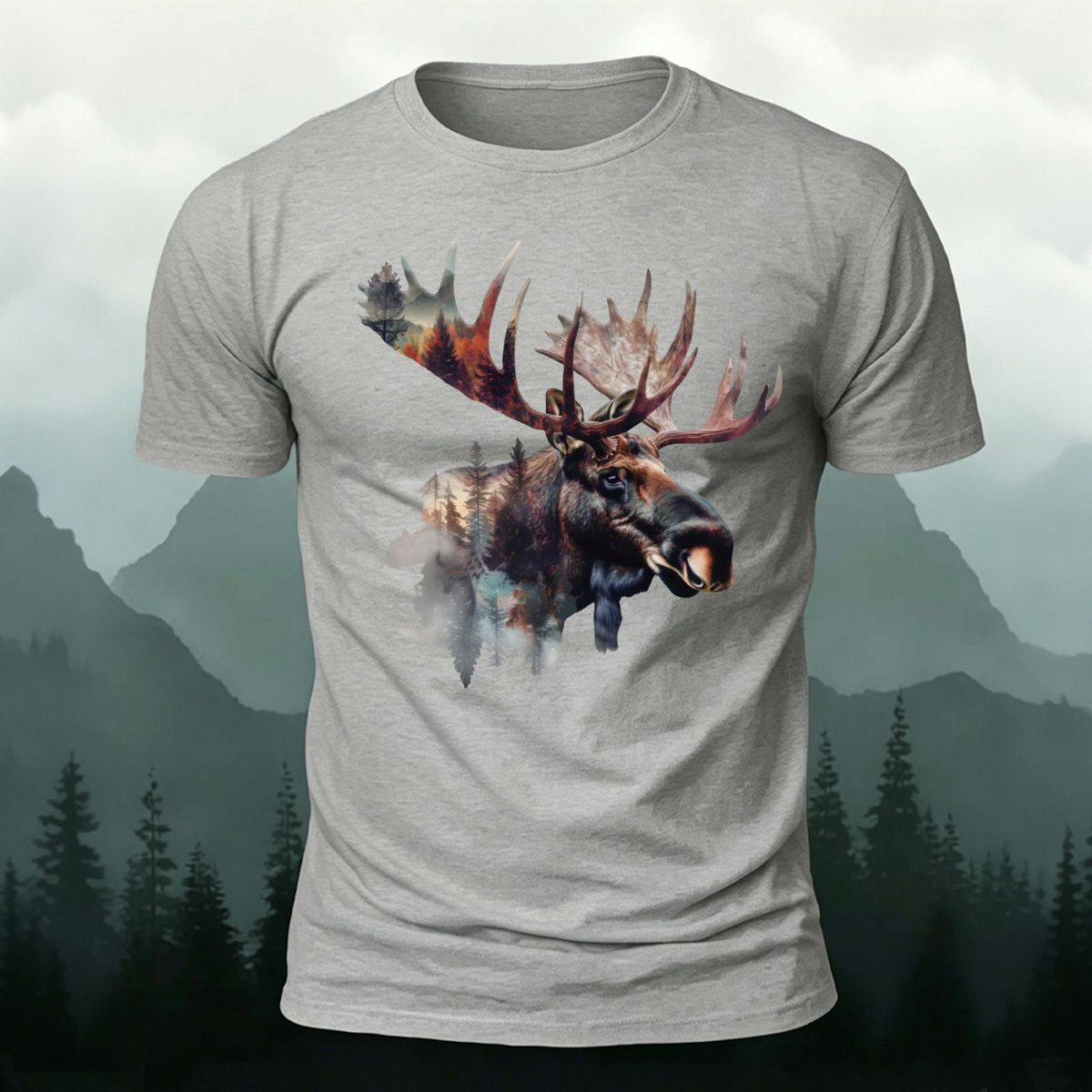 Scenery-style Moose Men's Simple Premium Cotton T-Shirt Grey