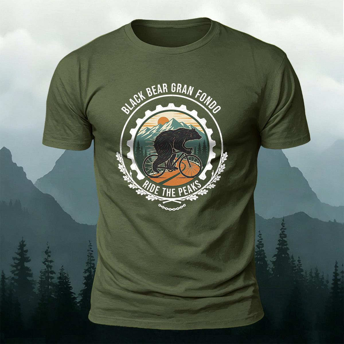 Black Bear Outdoor Cycling Round-Print Casual Cotton Tee