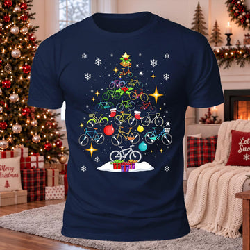 Snowy Bicycle Christmas Tree Printed Casual Short Sleeve T-Shirt
