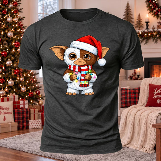 Monster Wears Santa Hat Printed Casual Short Sleeve T-Shirt
