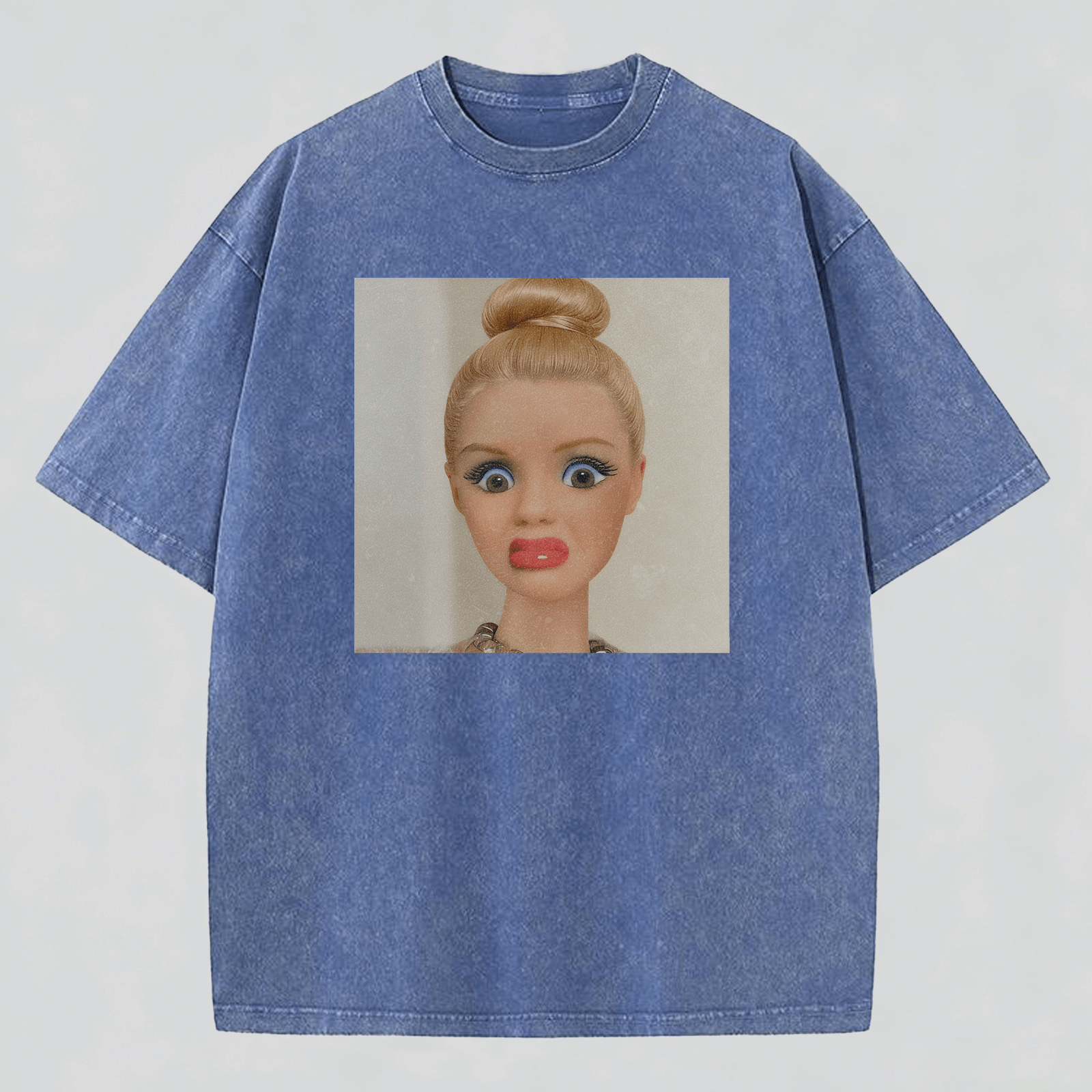 Shocked Expression Print Washed Cotton T-Shirt