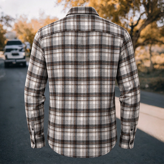 Men's Vintage Brown & Grey Plaid Flannel Long Sleeve Shirt