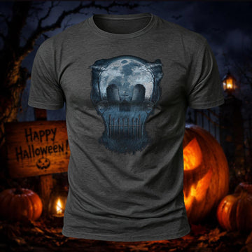Combed Cotton Skull & Graveyard Optical Illusion Halloween Graphic Tee