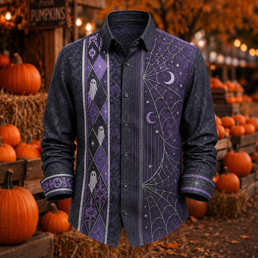 Halloween Ghost & Crescent Moon Cobweb Print Casual Shirt