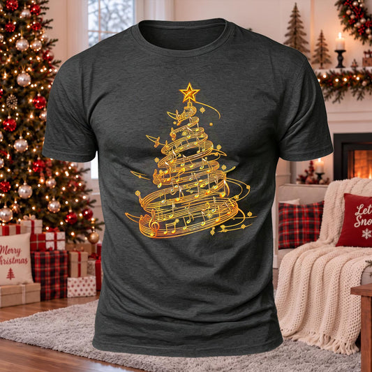 DTG Golden Music Note Christmas Tree Printed Casual Short Sleeve T-Shirt