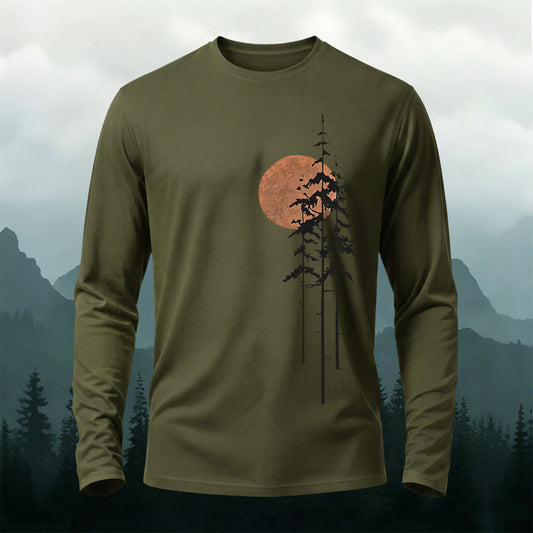 Retro Sunset Pine Tree Print Long-Sleeve T-Shirt