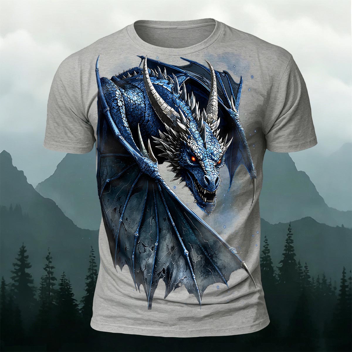 Fierce Dragon Print Cool Casual Premium Cotton T-Shirt Grey