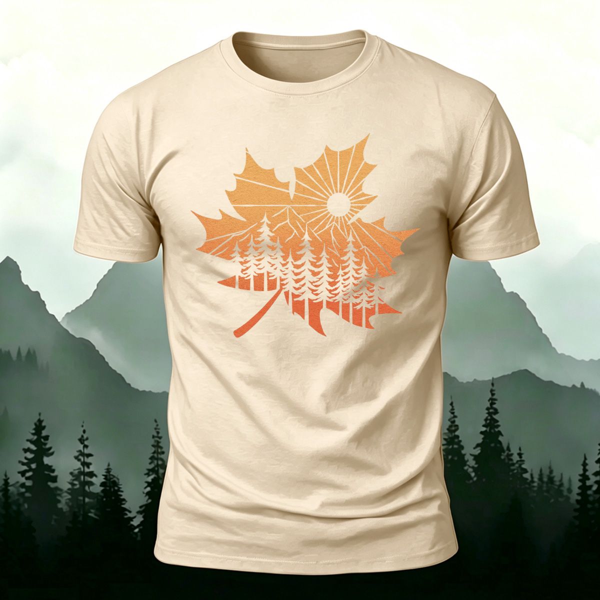 Maple Leaf Pattern Premium Cotton T-Shirt Beige