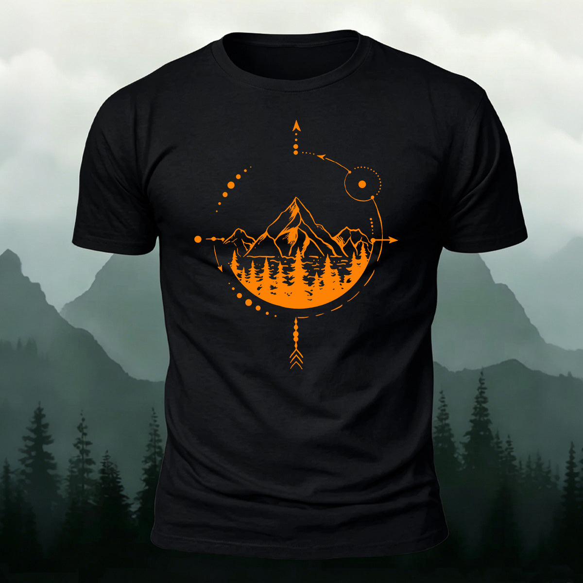 Mountain and Forest Print Combed Cotton Casual T-Shirt