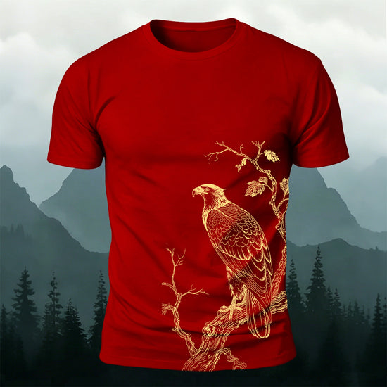 Bird-on-a-Branch PrintCasual 100% Cotton T-Shirt Red