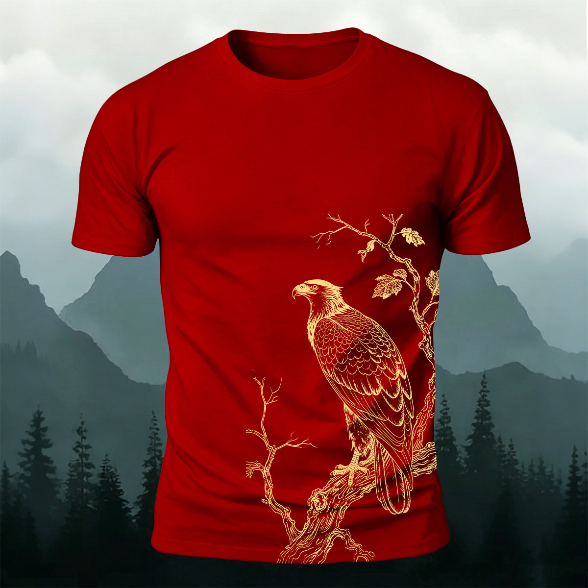 Bird-on-a-Branch PrintCasual 100% Cotton T-Shirt Red