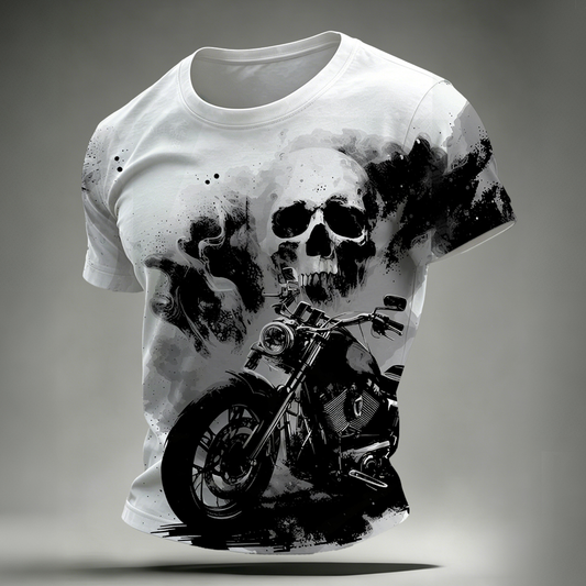 Motorcycle Skull Print Fashion Distressed T-Shirt