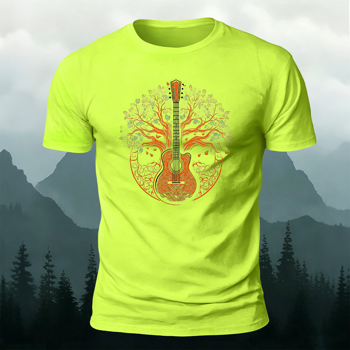 Guitar God Tree Trend-Print Casual Cotton T-Shirt