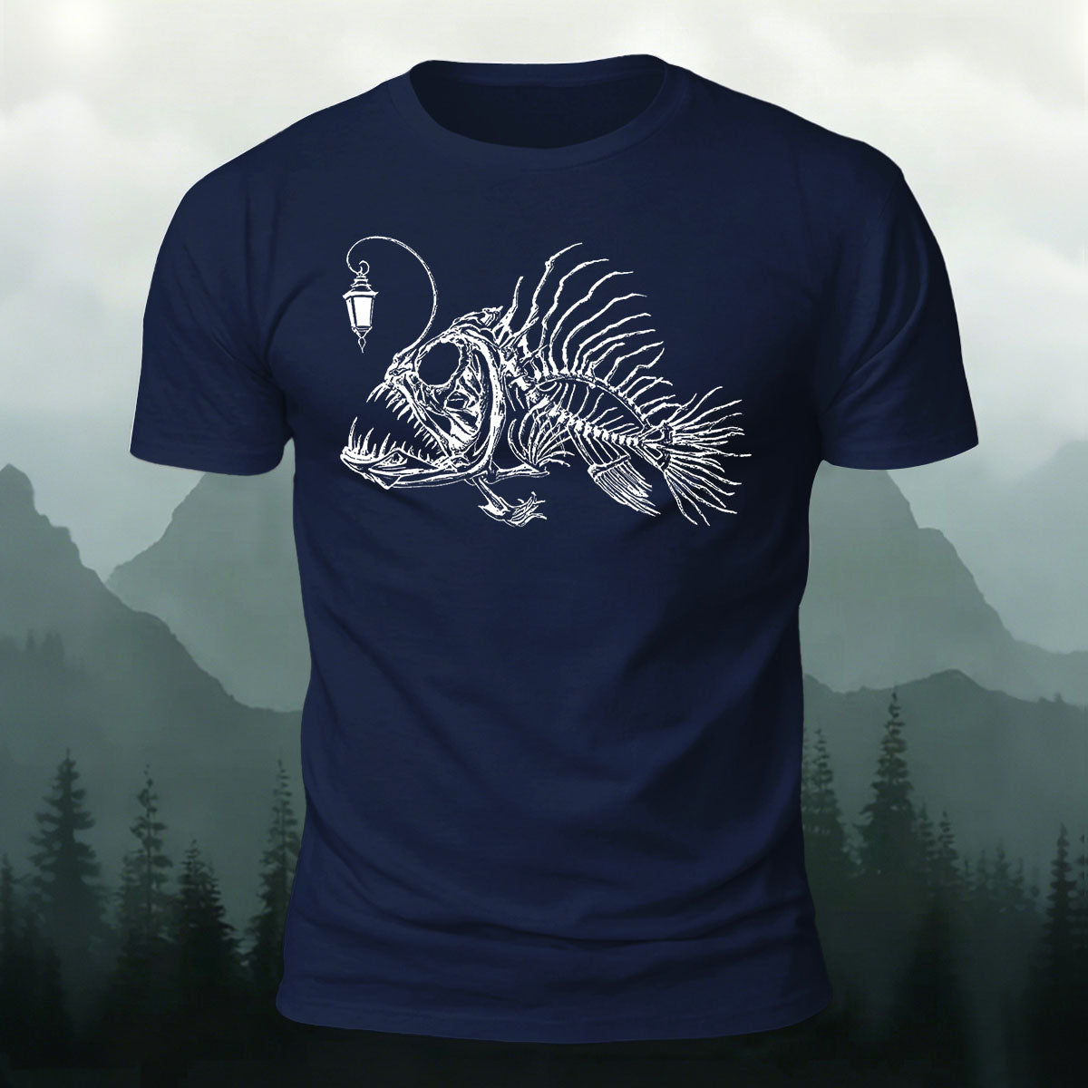 Underwater Fishbone Pattern Cotton Casual T-Shirt Navy