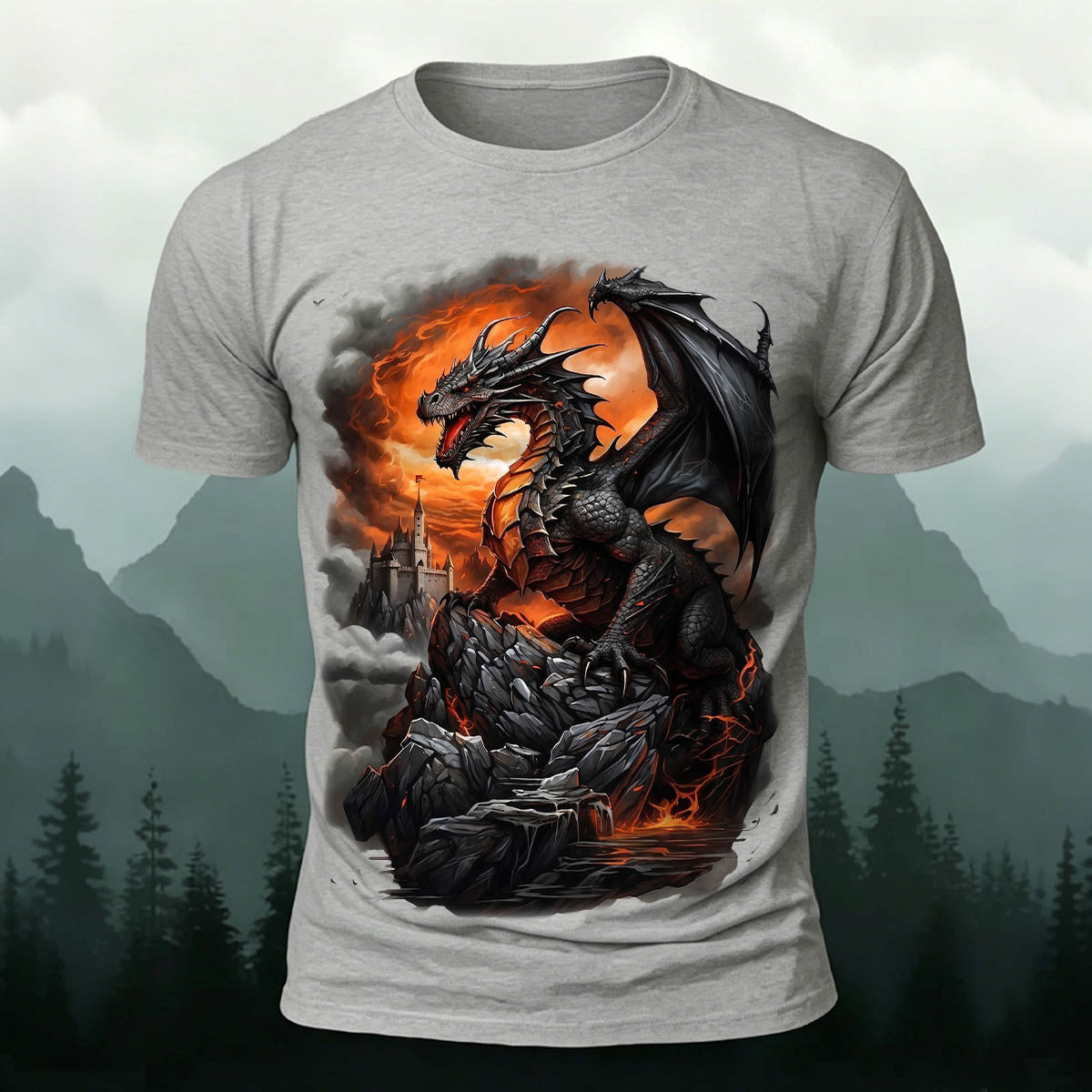 Dark Dinosaur Print Casual Crew Neck T-Shirt Grey