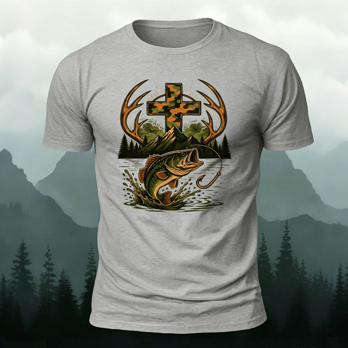 Fishing Cross Graphic Casual 100% Cotton T-Shirt