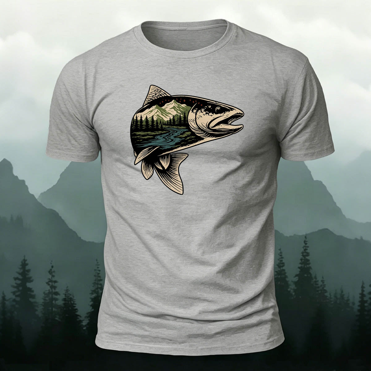 Trout Scenic Pattern Simple Casual Cotton T-Shirt