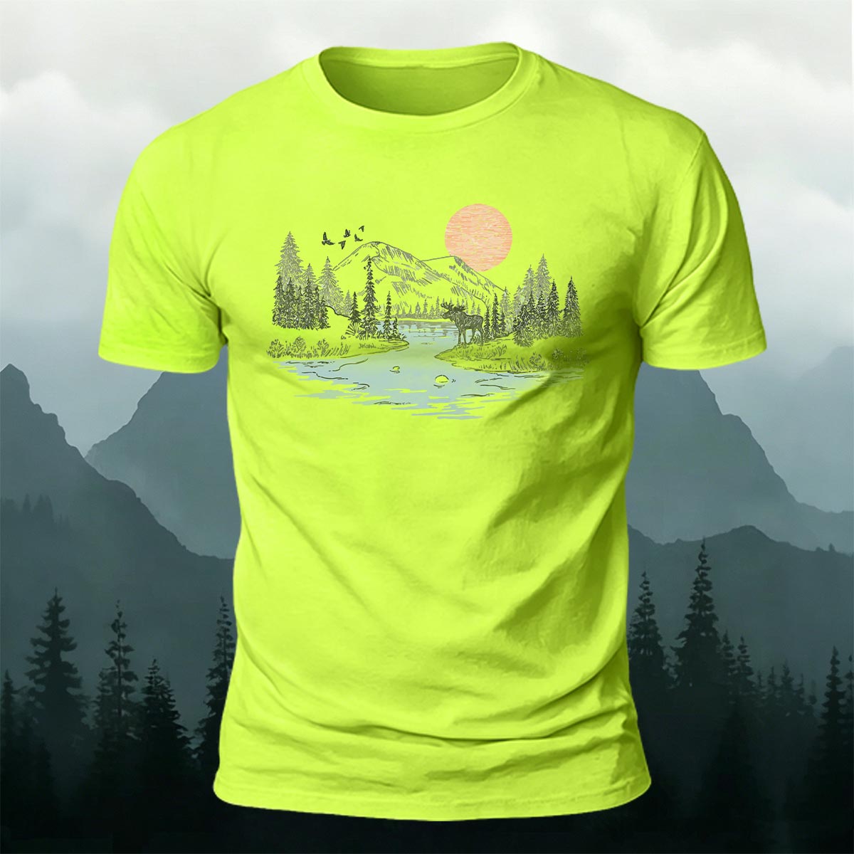 Sunrise Mountain Scenery Illustration Print Casual Cotton T-Shirt