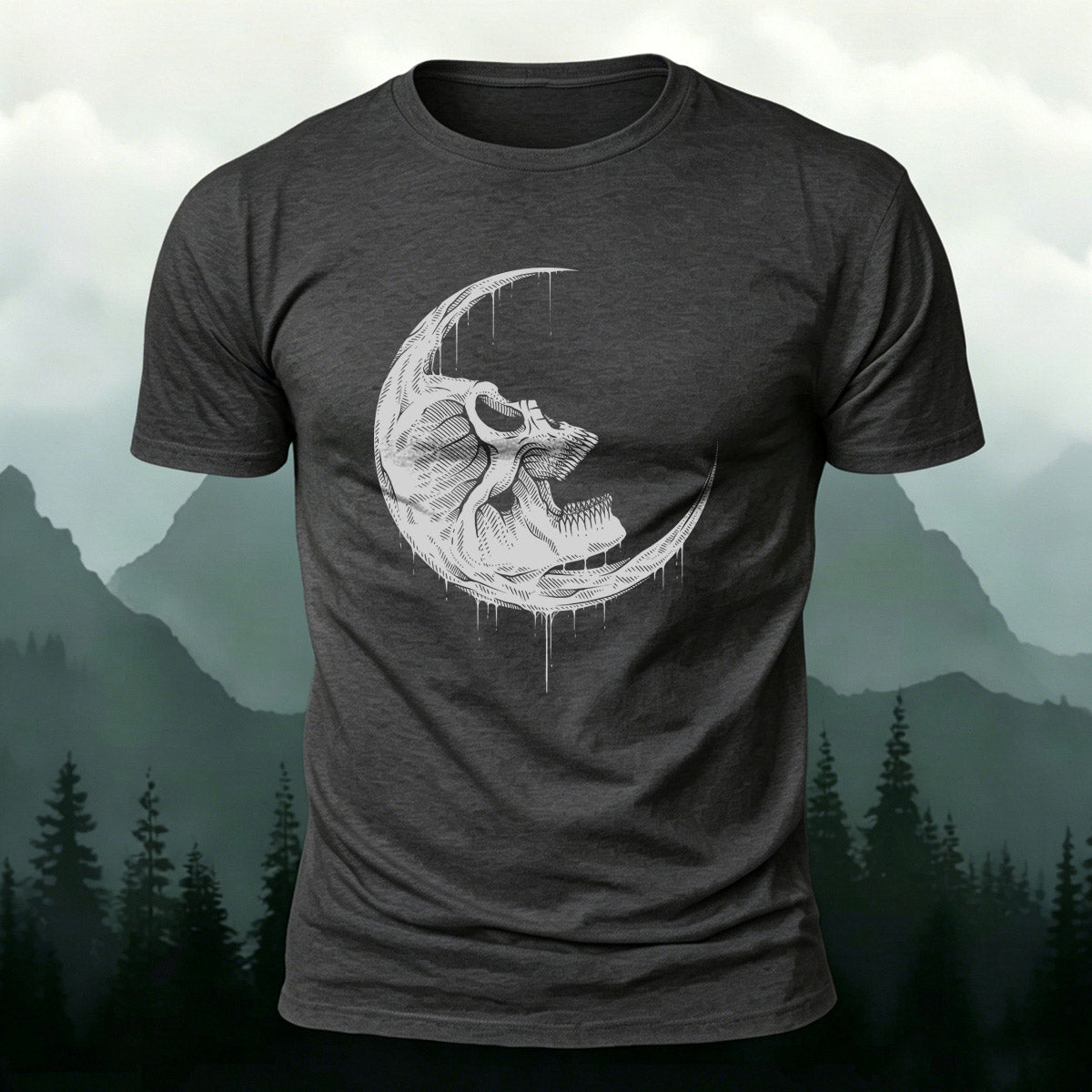Skull Moon Graphic Trend Premium Cotton T-Shirt Dark Grey