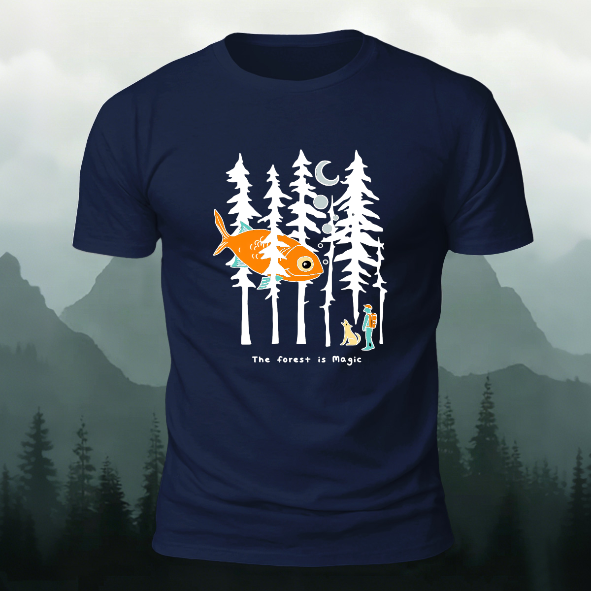 Fun Forest Print Outdoor Skin-friendly Casual T-Shirt Navy