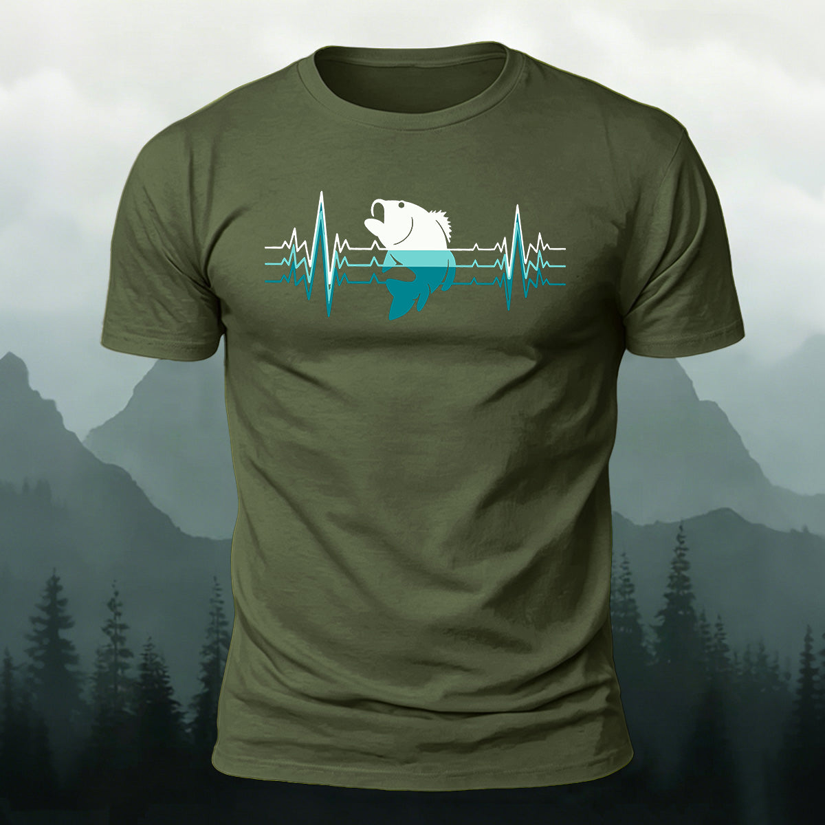 Outdoor Fishing Heartbeat Print Cotton T-Shirt