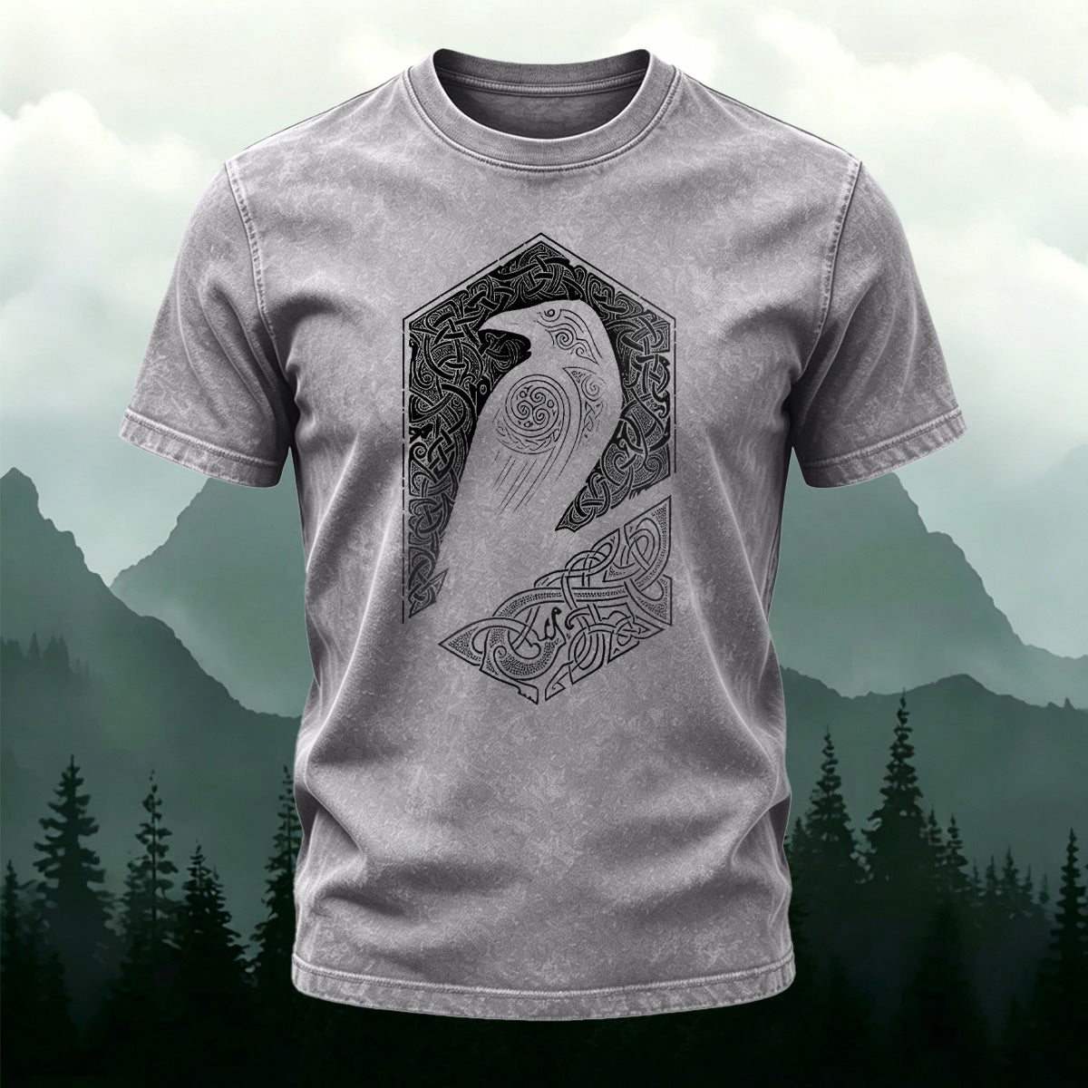 Artistic Bird Print Outdoor Style Washed Cotton T-Shirt