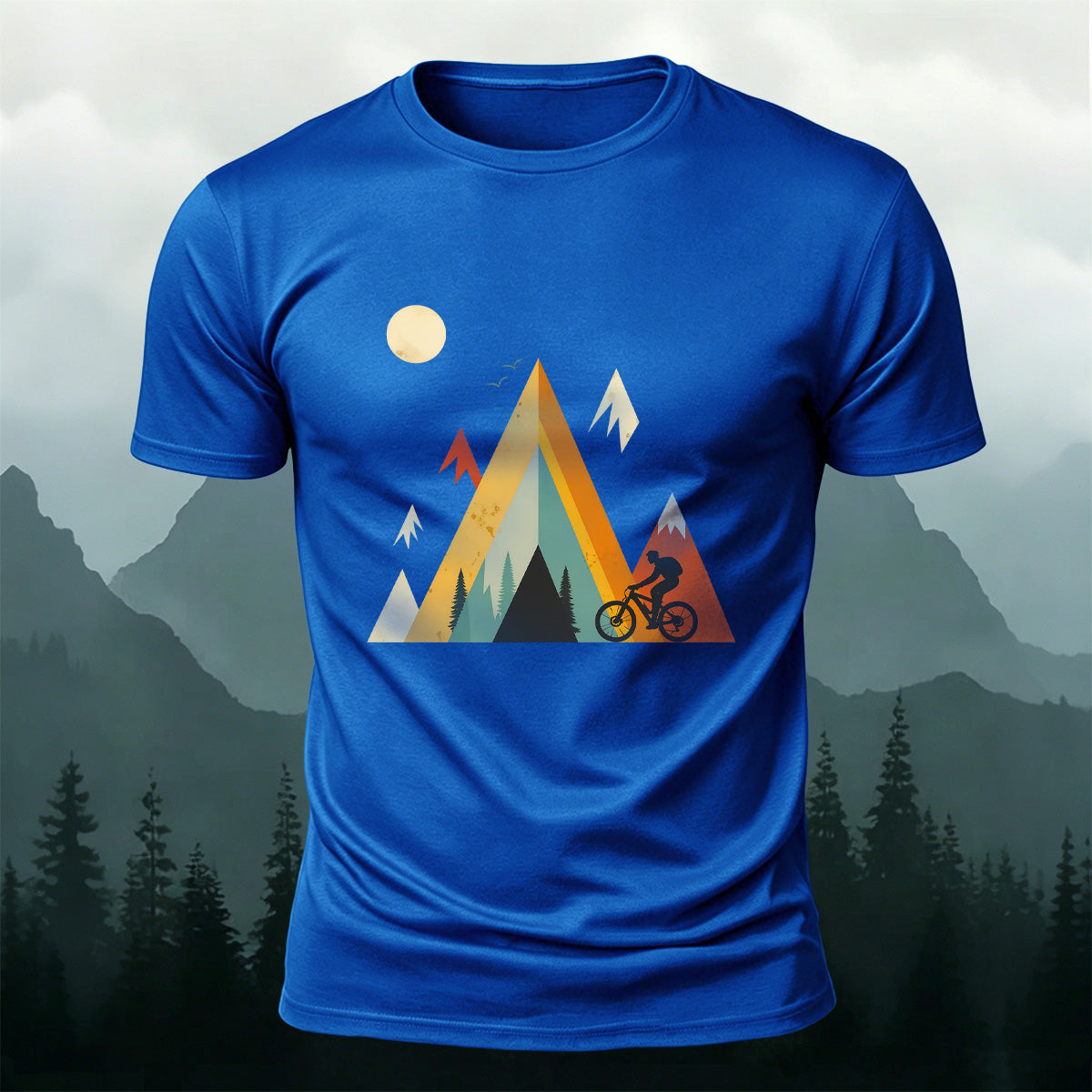 Outdoor Cycling Illustration Design Cotton Casual T-Shirt Blue