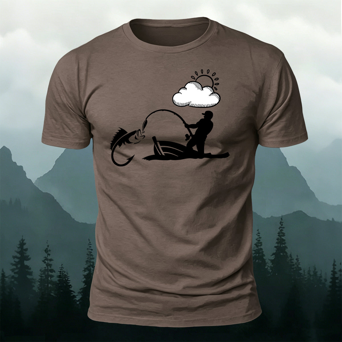Outdoor Fishing Silhouette Print  Round-Neck Cotton T-Shirt