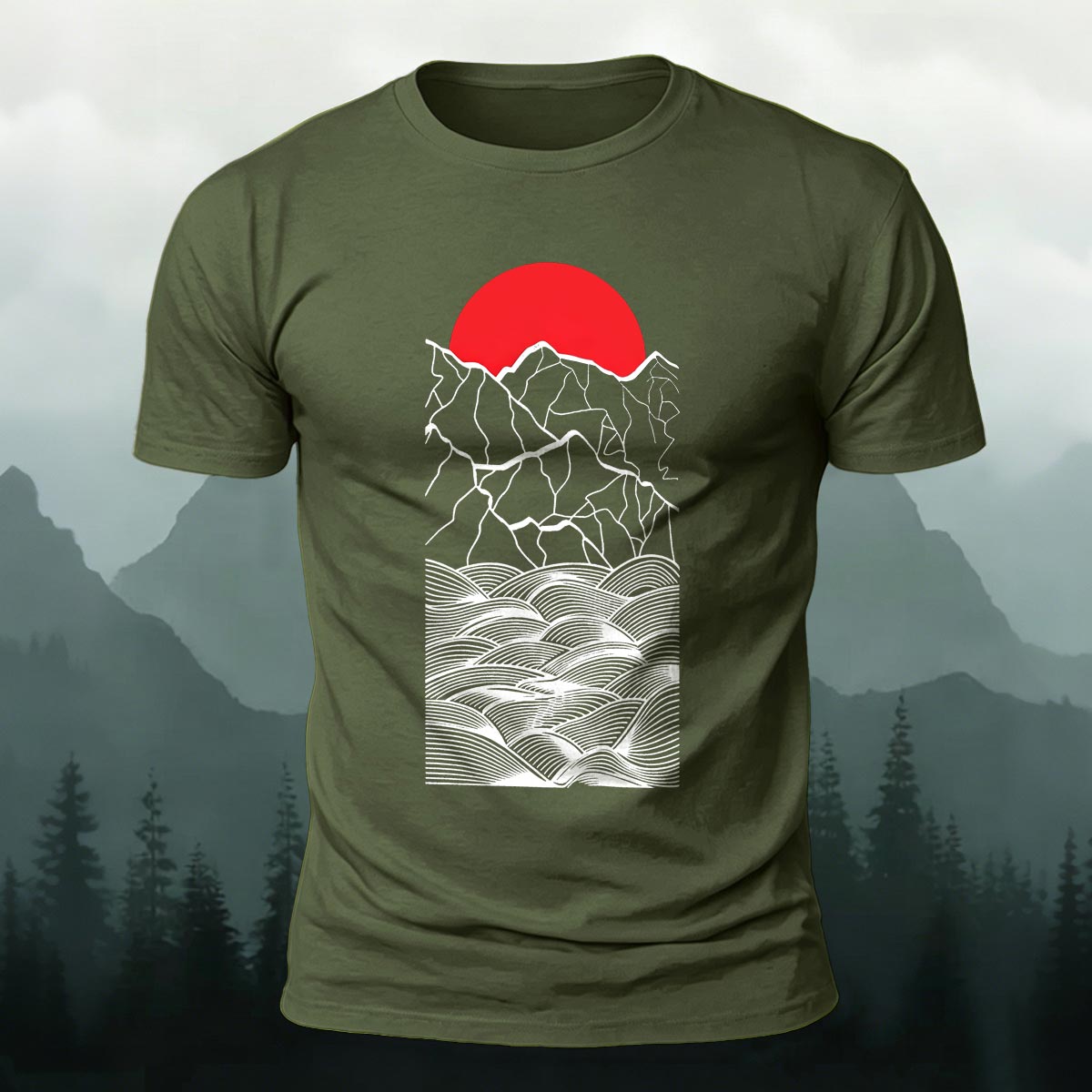Forest Sunset Mountain Print Casual Cotton T-Shirt