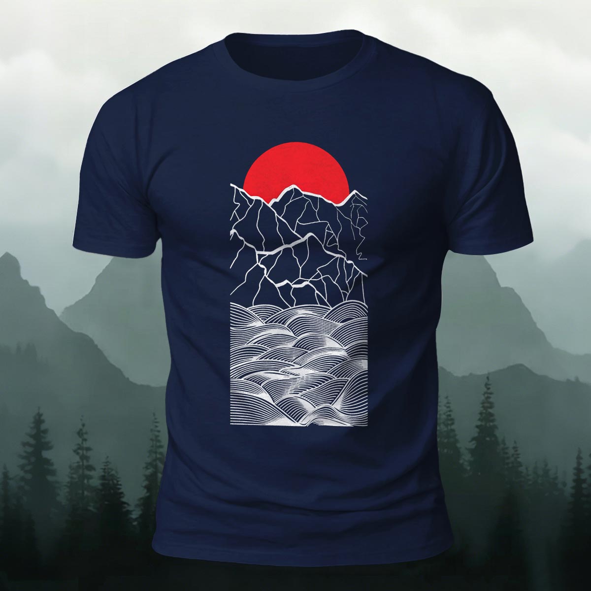 Forest Sunset Mountain Print Casual Cotton T-Shirt