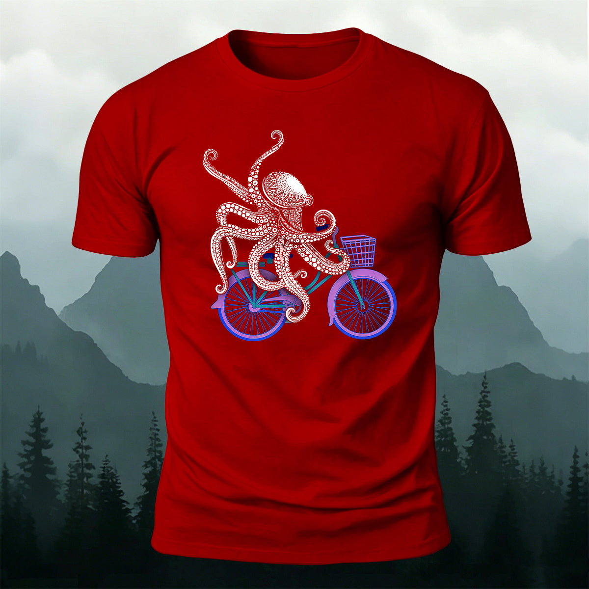 Octopus Cycling Fun Print Cotton Casual T-Shirt Red