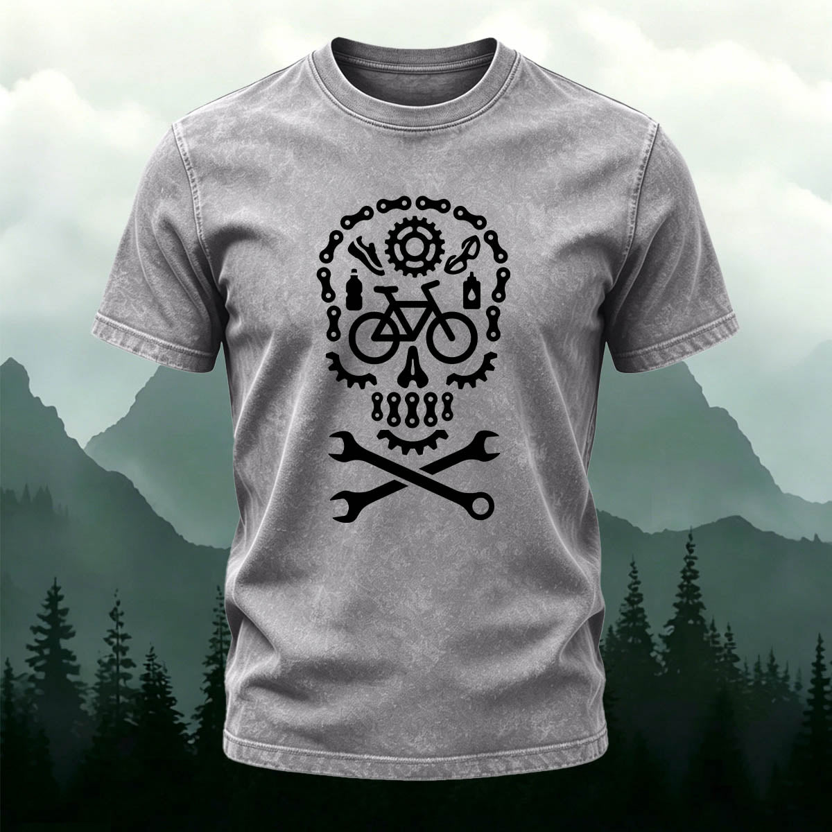 Cycling Fun Skull Casual Washed Cotton T-Shirt