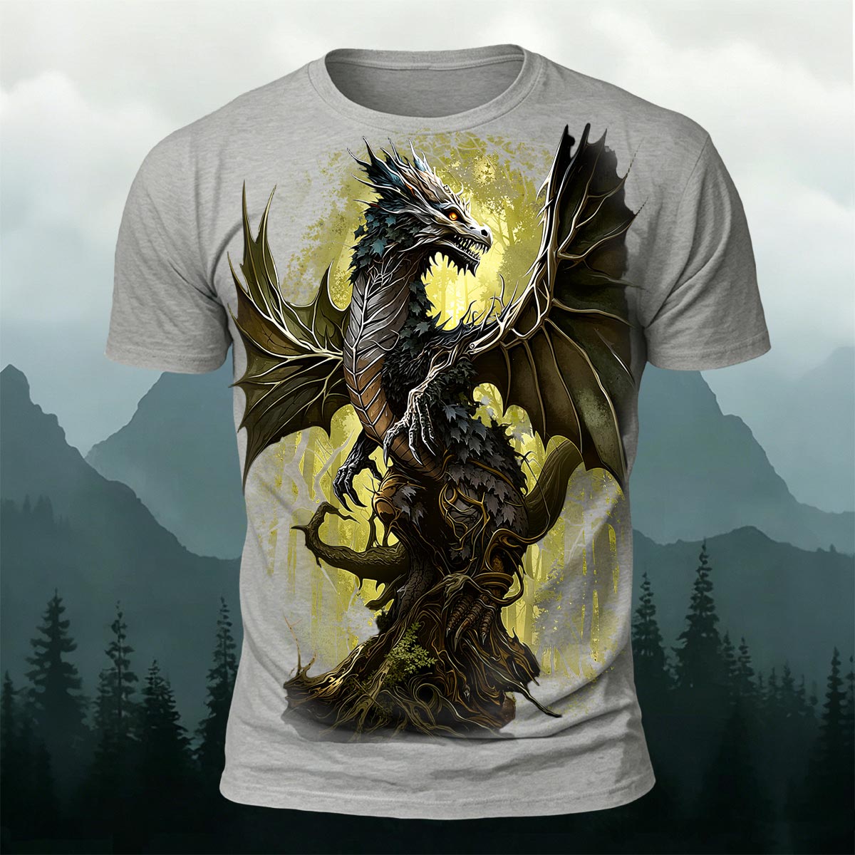 Retro Forest Dragon Print Outdoor 100% Cotton T-Shirt Grey