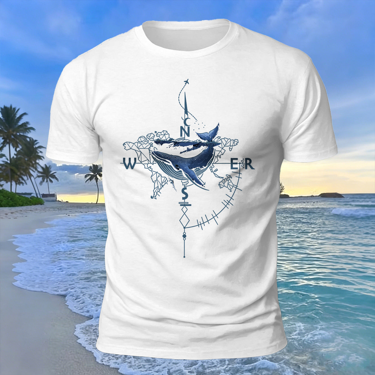Creative Whale Compass Print 100% Cotton Soft-Touch T-Shirt