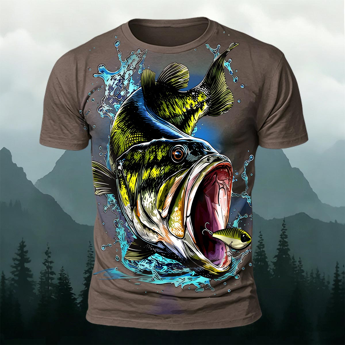 Black Fish Pattern Casual Graffiti Polyester T-Shirt CO