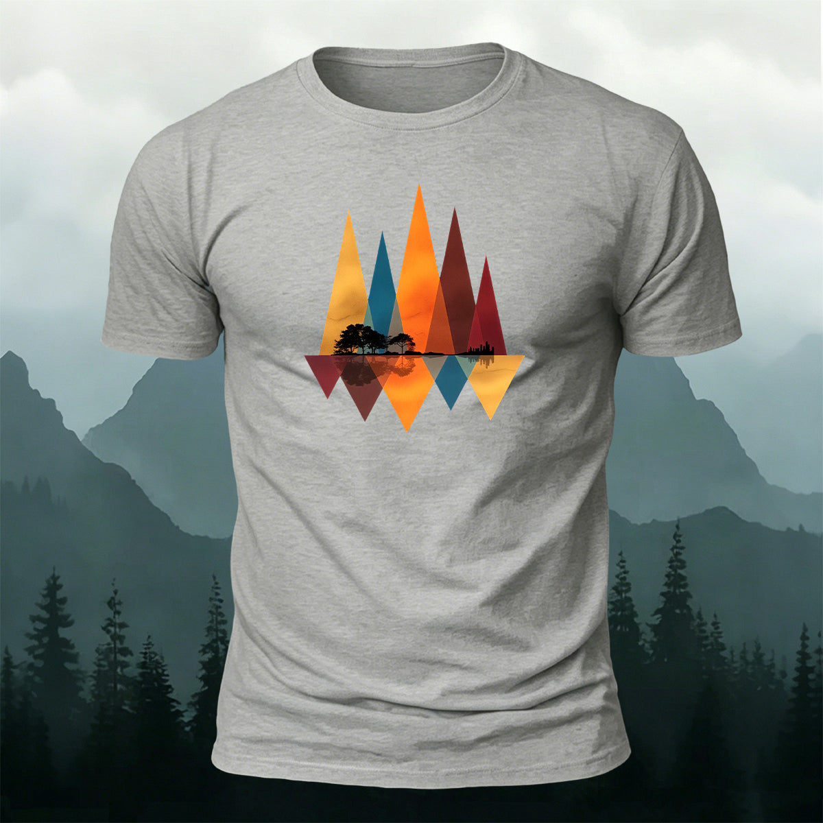 Geometric Mountain Reflection Print Cotton T-Shirt