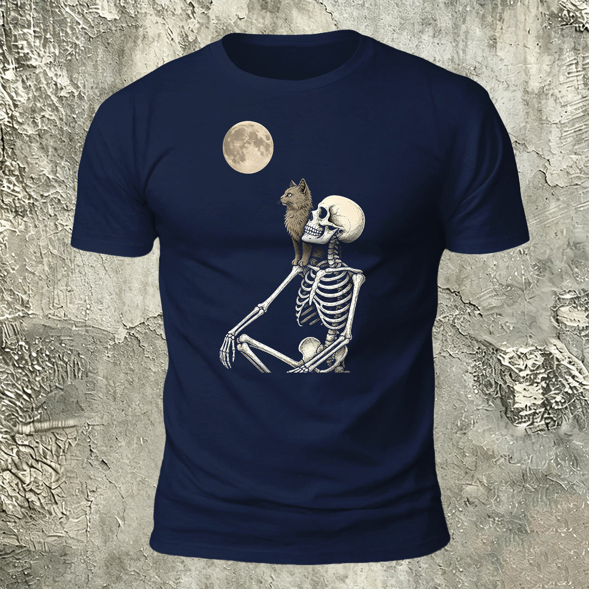 White Skull Moon-Print Casual Cotton T-Shirt