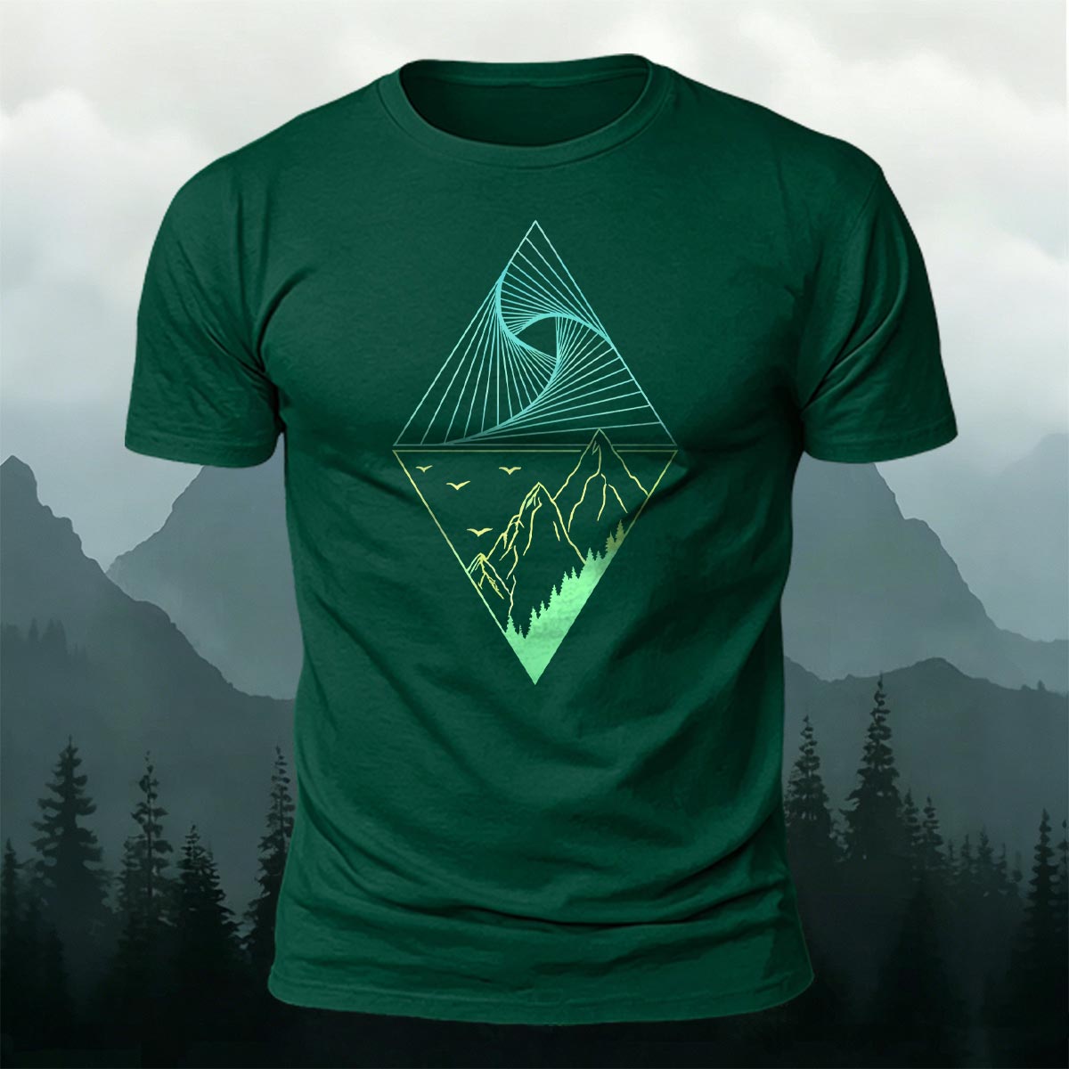 Mountain Geometric Pattern Casual 100% Cotton T-Shirt