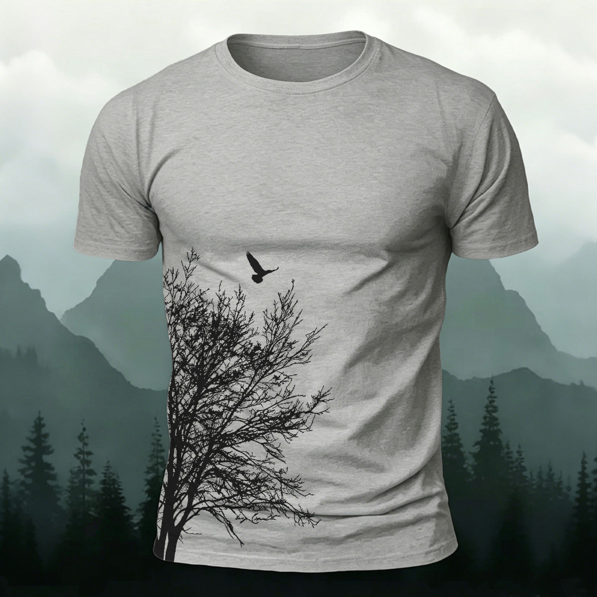Minimalist  Tree Pattern Natural Style Casual T-Shirt Grey