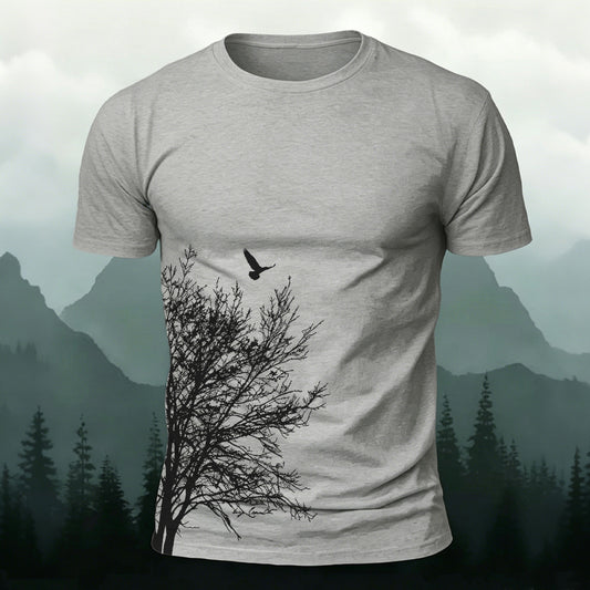 Minimalist  Tree Pattern Natural Style Casual T-Shirt Grey