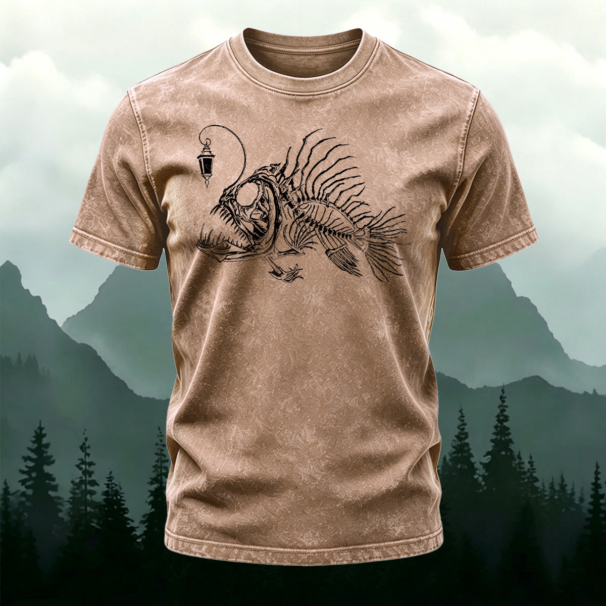 Lanternfish Pattern Streetwear Washed Cotton T-Shirt