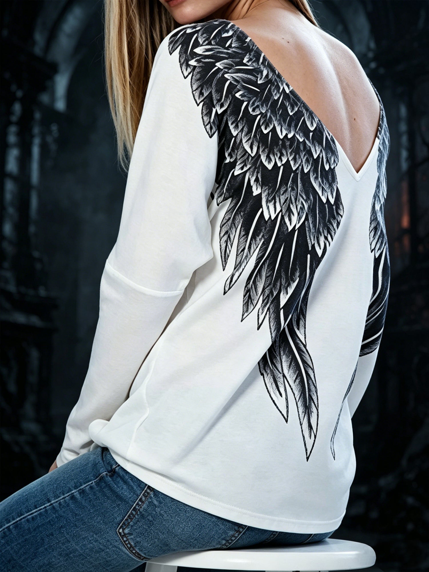 Fashionable Printed V-neck Back Casual Long Sleeves