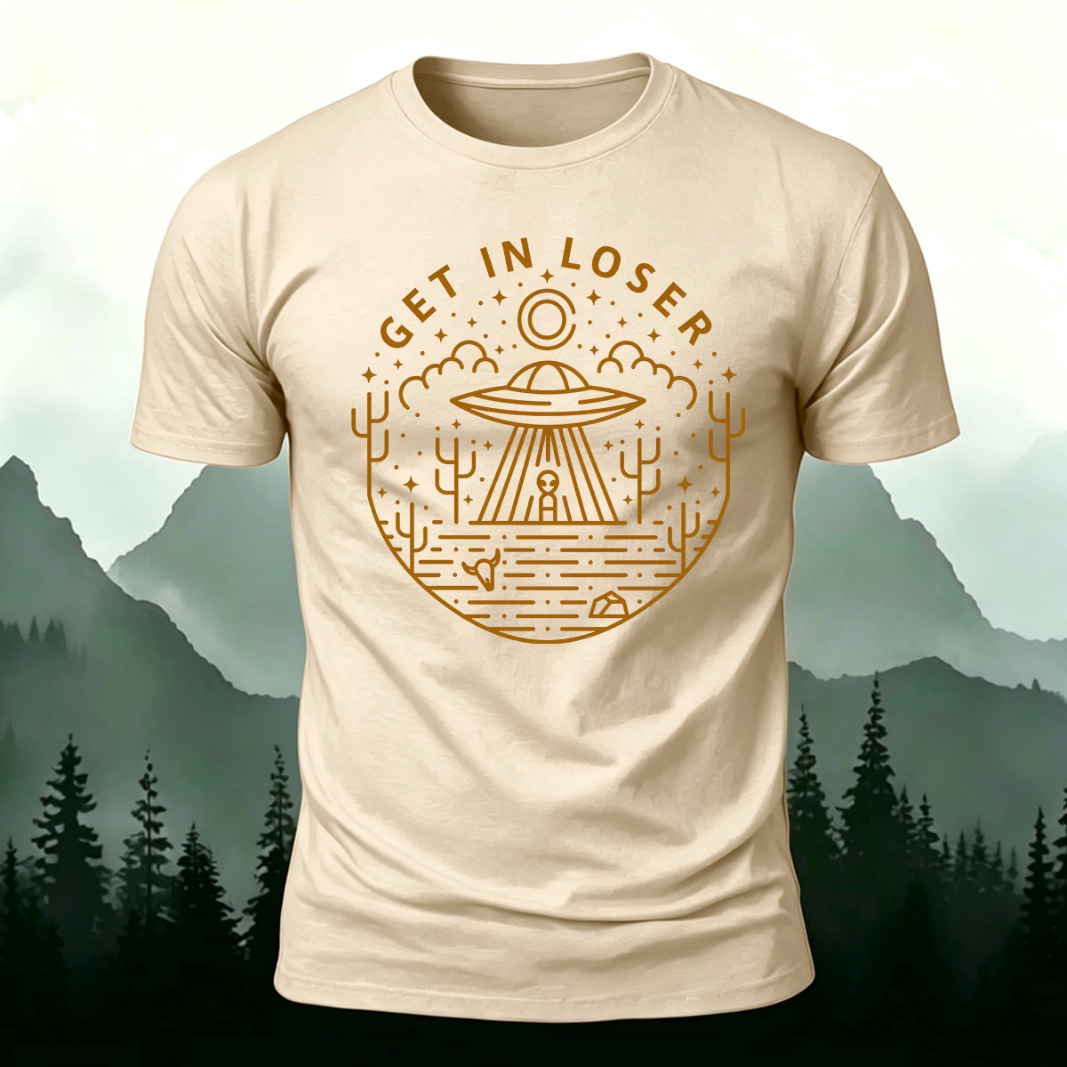 Simple Line Patterns Casual  Cotton Crew Neck T-Shirt Beige