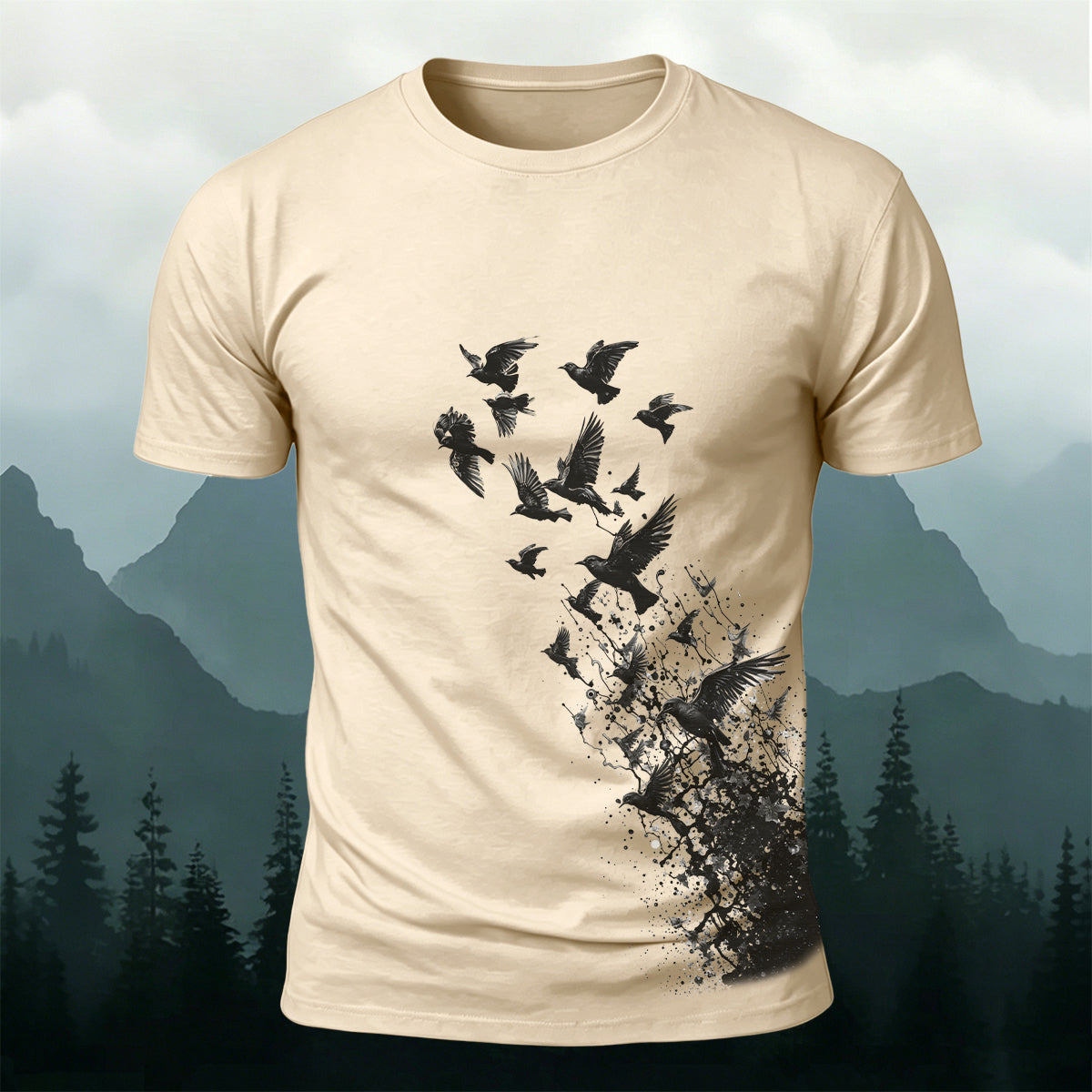 Flying Birds Print Casual 100% Cotton T-Shirt
